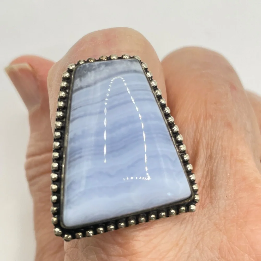 Vintage Artisan 925 Sterling Blue Lace Agate Statement Ring Size 9 1/2 Unisex